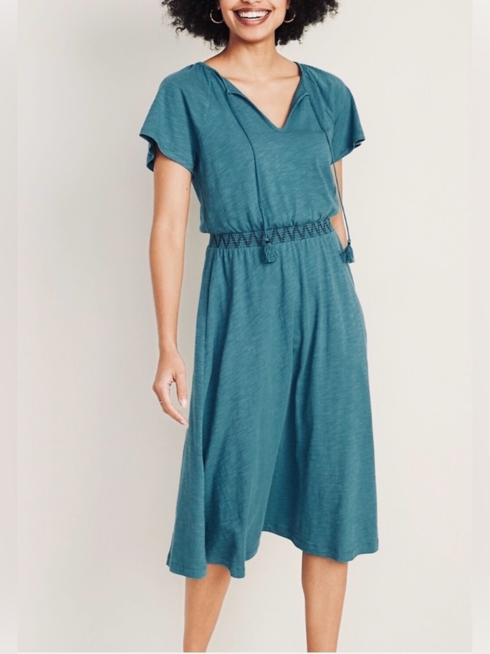 Old Navy Teal Boho Midi Dress Tassel Ties Smocked Waist S